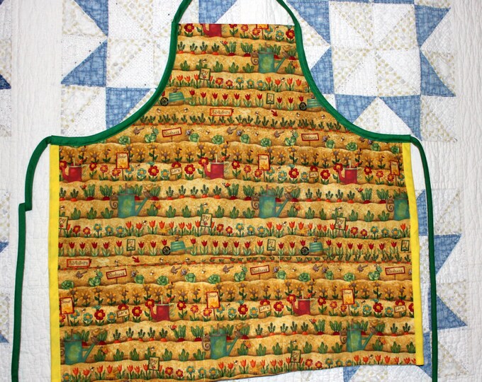 HALF PRICE ** Childs Gardening Apron. Yellow Orange Green Red Garden Print, with Deep Pockets. Gardening Tools and Gloves included.
