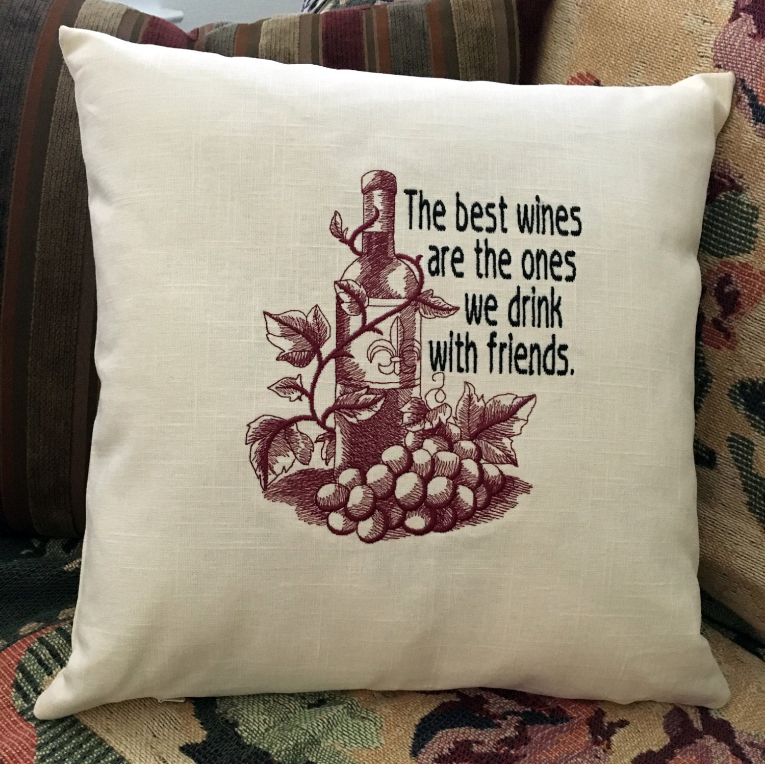 Pillow Embroidered Pillow Wine quote pillow Wine Pillow