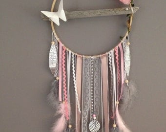 Dream catcher drift wood, white, grey and powder pink color.