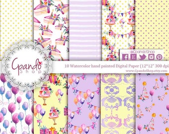 Watercolor Birthday girl Digital Paper, Cake Digital Paper, Birthday Digital Paper, Printable Birthday Paper, Watercolor Bday Digital Papers
