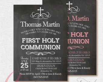 Chalkboard invitation. First Communion Invitation. First Holy Communion. Printable Party invitation. Chalkboard First Communion invitation.