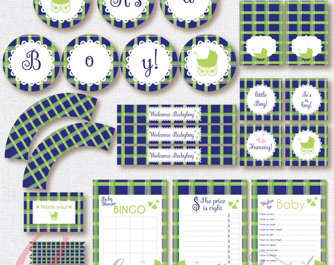 Babyshower Printables. Navy and lime baby shower. Instant download. Plaid printables