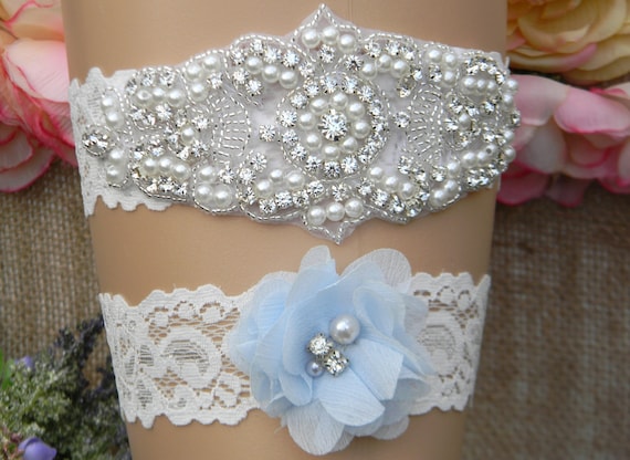 Wedding Garter, Wedding Garter Set, Bridal Garter, Light Blue Garter, Keepsake and Toss Garter Set, Pearl and Rhinestone Wedding Garter ELLE