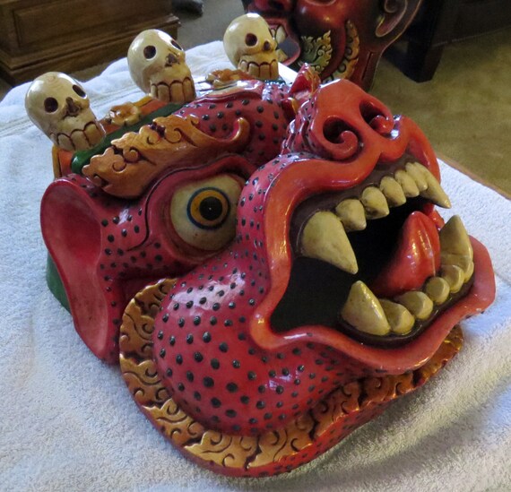 Wood Foo Dog Mask Red Nepal Tibet Tibetan by HimalayaHardware