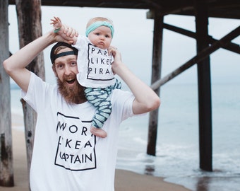 work like a captain, party like a pirate, father kid set, mommy kid set, matching t-shirt set, graphic tee, hipster clothes