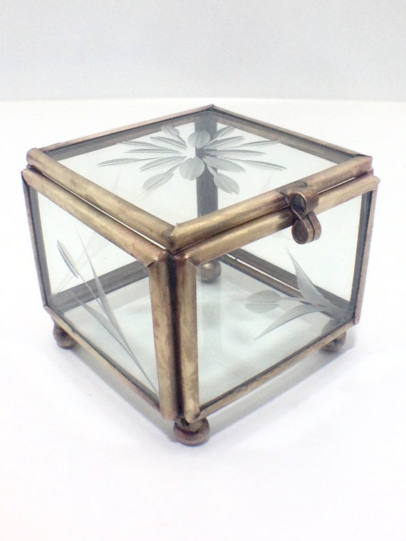 Vintage Brass and glass treasure chest trinket box jewelry