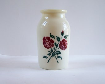 Opal glass vase red roses and green leaves pattern vase vintage Made in France