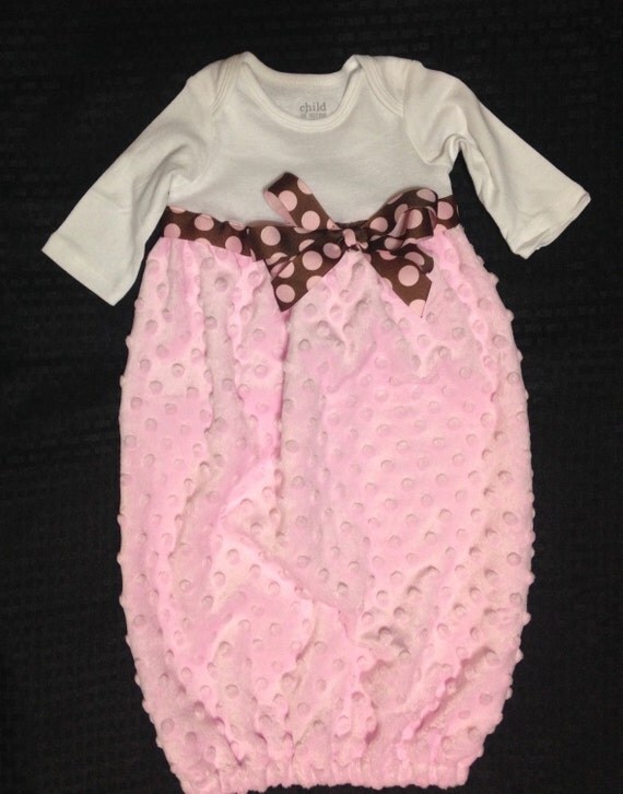 Handmade Onesie Baby Gown Pink Minky with Brown and Pink Dot