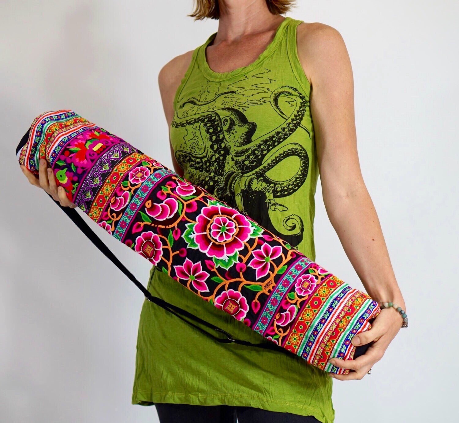 YOGA MAT BAG Vibrant Colorful Embroidered Pilates Bag by Lokazu