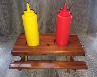 Ketchup and mustard holder, Cedar picnic table, soda holder, salt and pepper holder, Hand made Cedar. Solid Wood