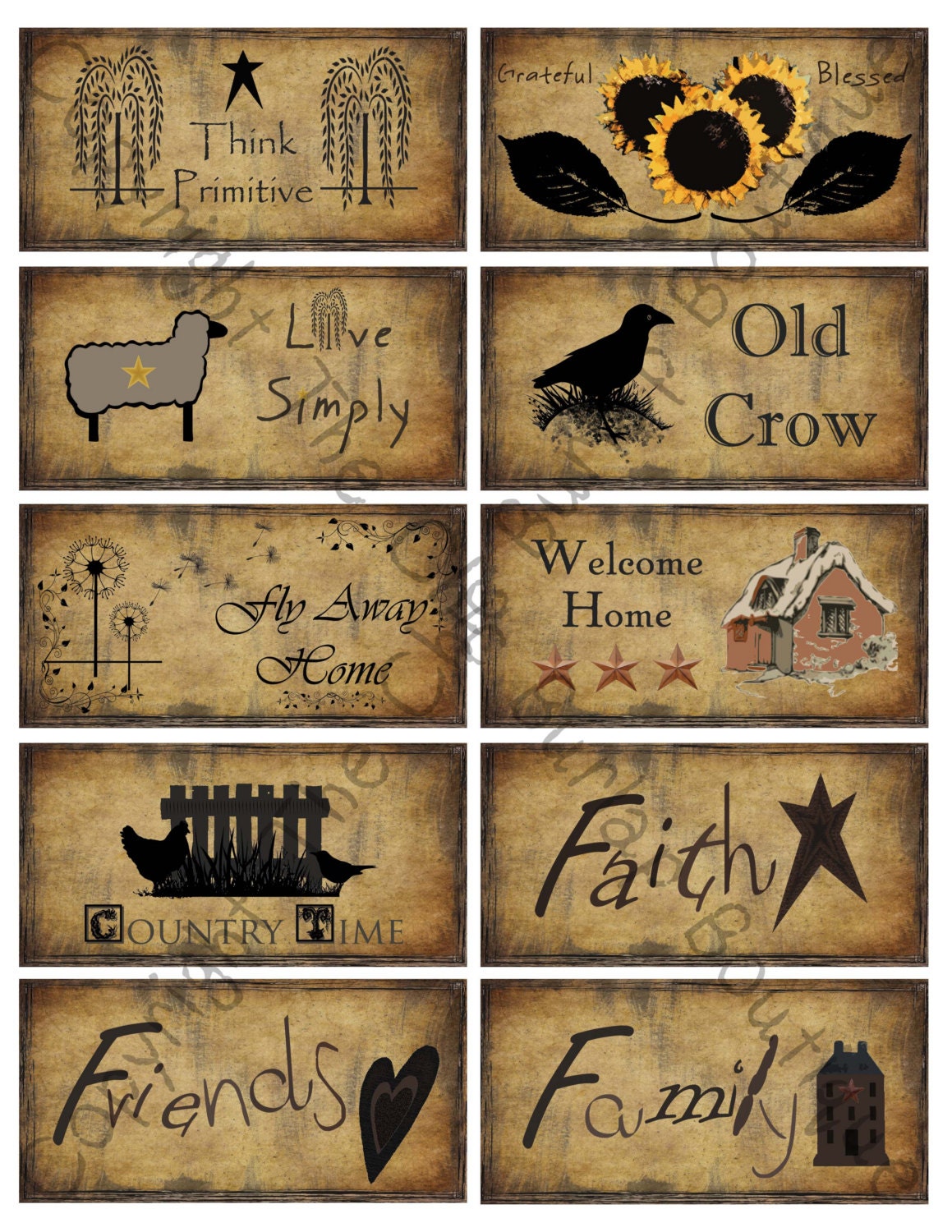 Primitive Country Labels Instant Download Sheet of 10