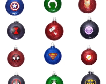 Super Hero Ornaments - Super Hero Glitter Ornaments - Avengers Ornaments - Marvel Comics Ornaments - DC Comics Ornaments - Super Hero Gifts