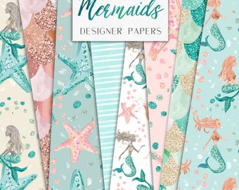 Mermaid Digital Papers | Hand painted Glitter Mermaids Starfish pattern designs | graphics resources, website design background