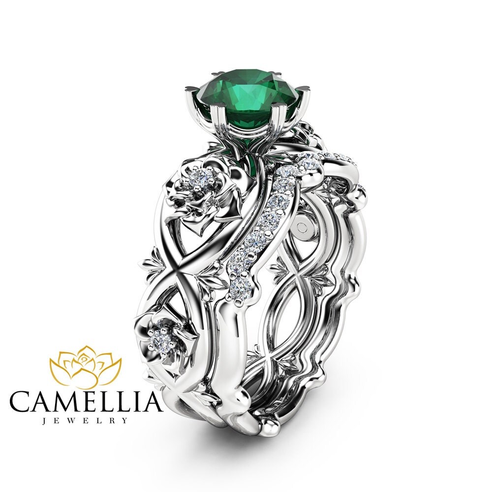 Floral Emerald Engagement Ring Set 14K White Gold Rings