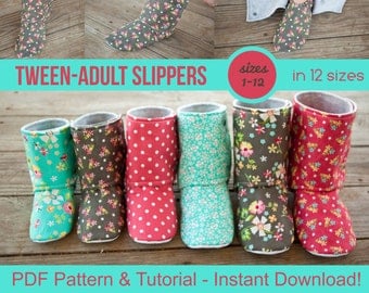 Tween & Adult Slipper Pattern - pdf Sewing Pattern for Men's or Women's Slippers - Boot Pattern - DIY House Slippers - Kid Slippers Boots