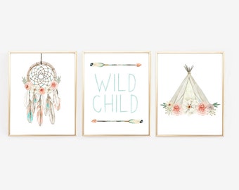 Boho Nursery Art, Dream Catcher, Teepee, Arrow, Native American
