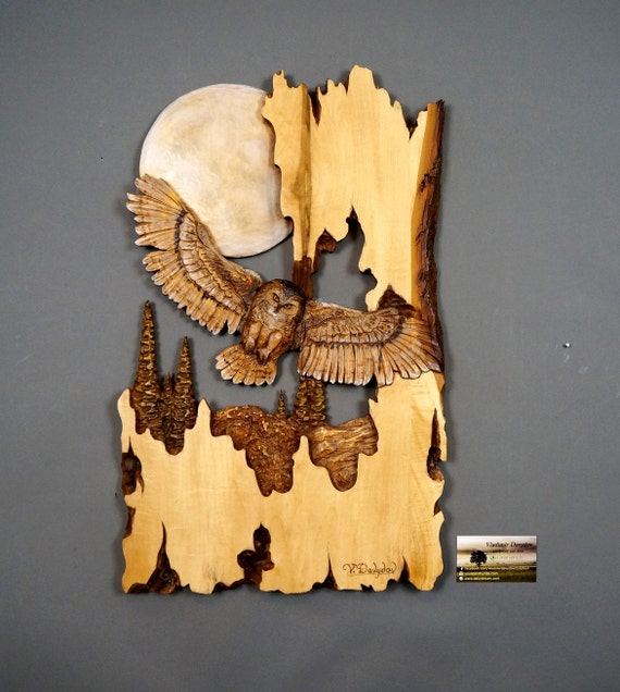 Chouette Hibou Sculpture sur Bois avec la lune Art Murale Art Animalier Oiseau en Bois Pour Amateurs de Nature Décoration  pour Elle  et lui