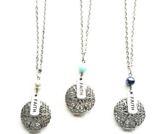 Faith Diffuser Necklace, Silver Aromatherapy Necklace, Essential Oil Diffuser Necklace, Faith Pearl Diffusing Aromatherapy Jewelry