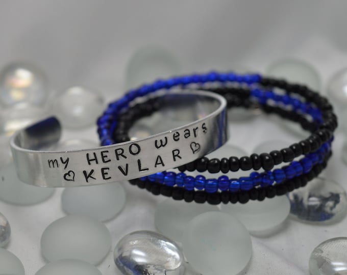 My Hero Wears Kevlar ((OR Choose Your Text)) (2) Piece Bracelet Set , Hand Stamped, Blue Lives Matter, A Thin Blue Line, Police Wife