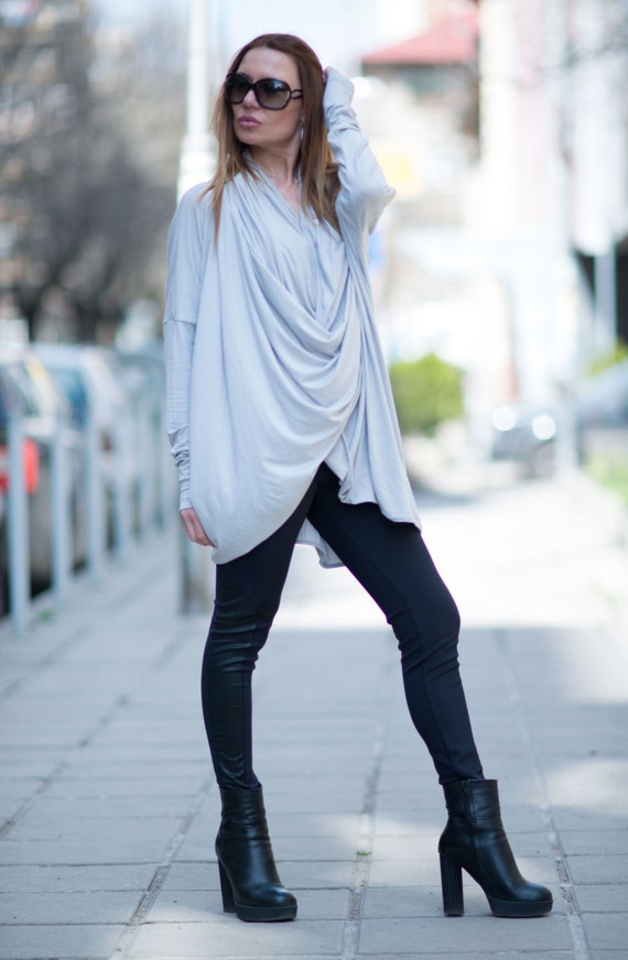 Fashion Maxi Dress / Light Gray Plus Size Asymmetrical Top