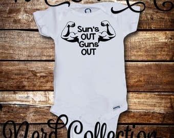 Baby Onesie Sun's Out Guns Out Barbell Workout Crossfit Trainer Gym Flex Baby Shower Gift Nursery Funny Custom Baby Clothing Gerber