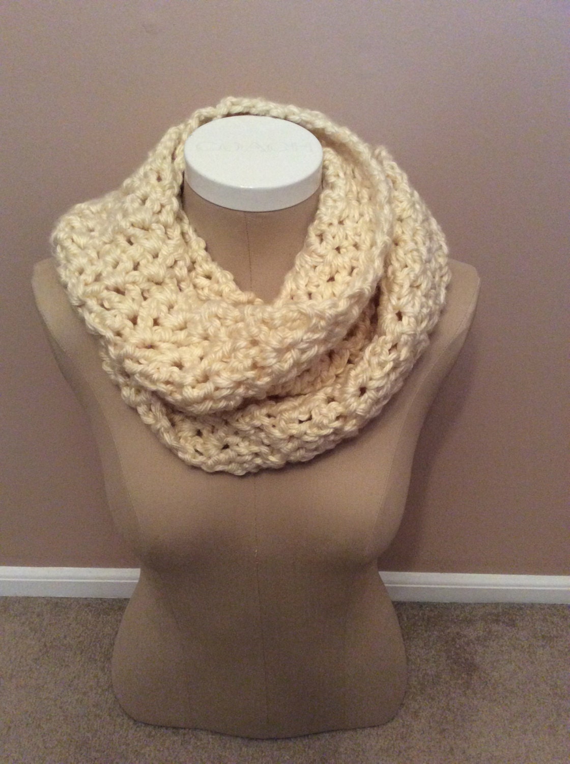 Creme Infinity Scarf Crochet Bulky V Stitch Cowl READY TO