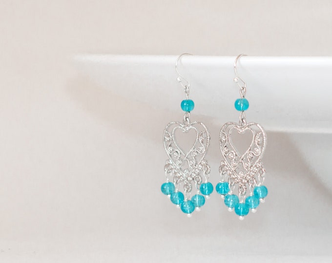 Blue chandelier earrings, Light blue earrings, Chandelier earrings, Blue quartz earrings, Blue beaded chandelier