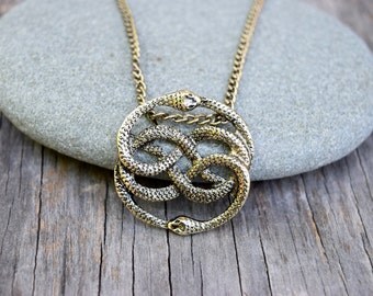 NeverEnding Story Antique Gold Necklace, Auryn Necklace, Long or Choker, Never Ending Story Snake Pendant, Snake Circle, Men's Necklace