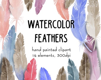 Watercolor Feathers Clipart set hand painted watercolor feather elements for scrapbooking decorative feather clip art kit instant download
