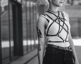 Fetish Lace Harness,leather bondage,Body cage,Pentagram harness,Leather lingerie,leather fetish,Fashion Harness,Bondage belt,frame bra,goth