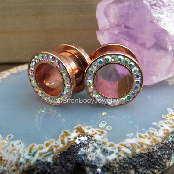 Ear tunnels plugs 0g ab gem rose gold gauges single flare