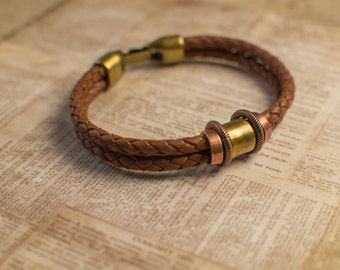 Men's Braided Brown Leather Cuff With Copper and Brass Accents