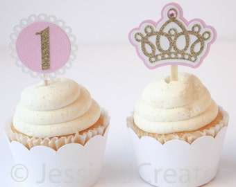 Crown Cupcake Toppers - Glitter Cupcake Toppers - Princess Cupcake Toppers - Cupcakes - Princess Crown - First Birthday - 1st Birthday