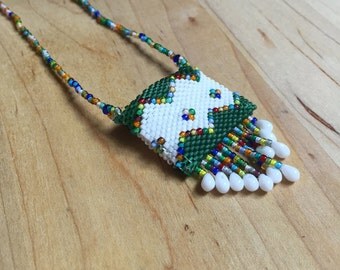 Hand-Woven, Small Beaded Amulet Bag Necklace