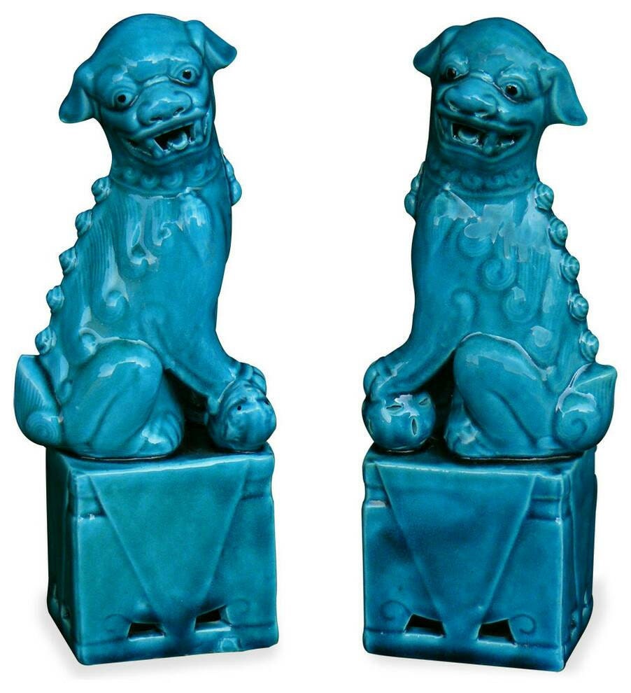 Pair Large Foo Dog statue turquoise glazed blue by victoriaandjane