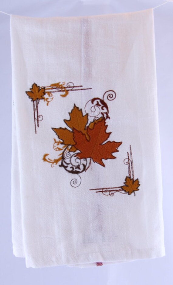 Items similar to Autumn Leaves Embroidered Kitchen Towel / Dish Towel