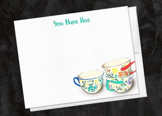 Personalized Stationery Tea Cups Greeting Note Cards Set of