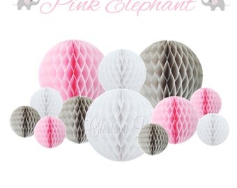 Light Pink and Gray Honeycomb Tissue Balls - Set of 12 or Set of 9 Tissue Balls - (PINK ELEPHANT theme) - Party or Baby Shower Decorations