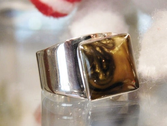Tigers Eye Ring Vintage Mexican Sterling Silver 925 Ring Hawks Eye Modernist Statement Ring Gemstone Gem Mexico BOHO Southwestern Ring