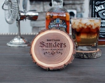Wood Log Coasters, Personalized Wood Log Coasters, Custom Wood Log Coasters, Tree Log Coasters, Personalized, Set of 4 --CST-WLOG-SANDERS