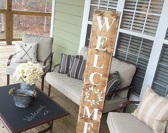 Welcome, Reclaimed Wood, Welcome Sign, Farmhouse Style, Laurel, Rustic, Cream, Wooden, Front Porch Welcome Sign, Farmhouse Style, Entryway