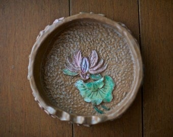 SALE! Vintage Handmade Ashtray with Waterlillies and Dragonflies