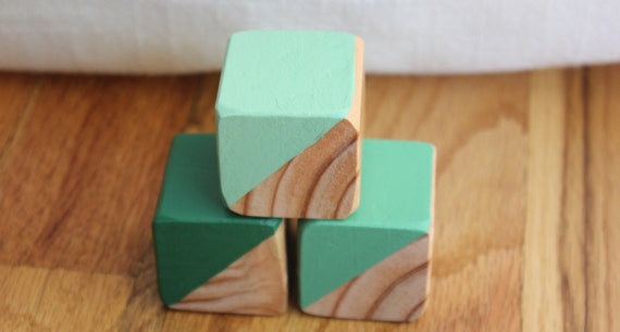 3 Green Painted Wooden Blocks