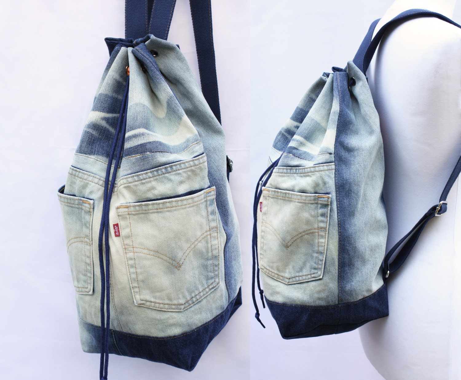 RESERVED denim backpack upcycled jeans drawstring bag denim