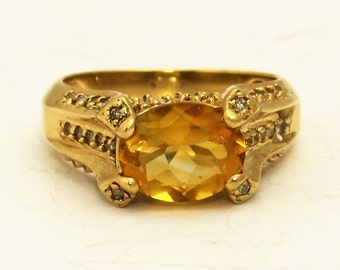 Citrine Diamond Ring, Yellow Stone Gold Ring, 10k Yellow Gold Citrine Diamond Ring