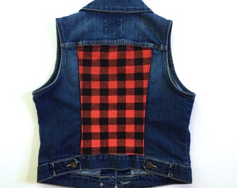 Women's Plaid Denim Vest (small) | custom denim | red buffalo plaid | women's denim | jean vest