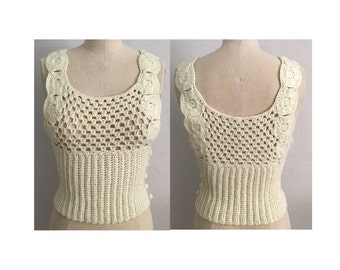 1970s Ivory Crochet Tank with Side Buttons