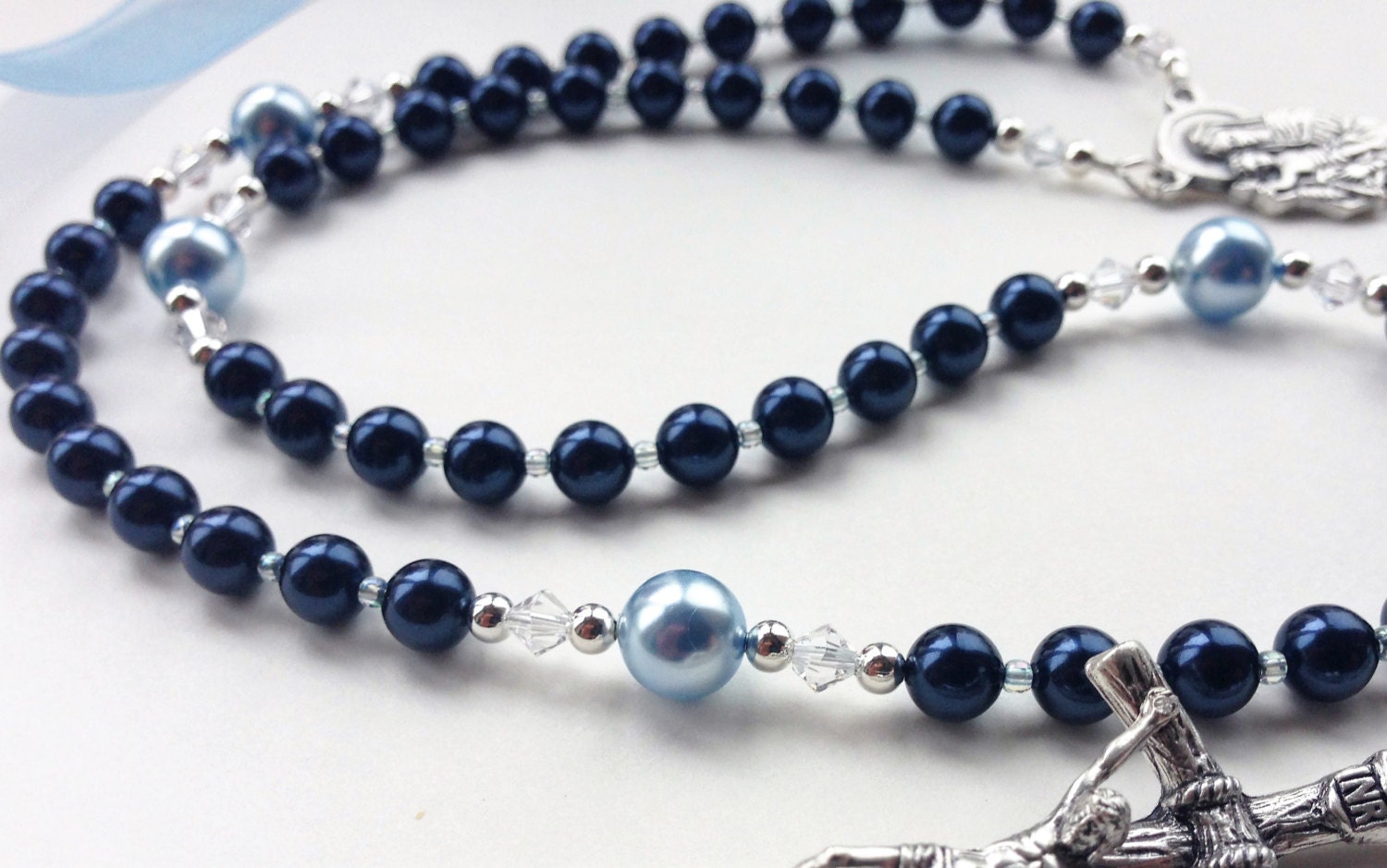 Baptism Gift for Boy Blue Swarovski Rosary Keepsake First