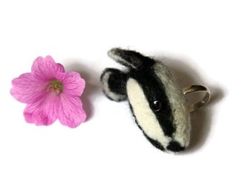Needle Felted Badger Ring, Needle Felted, Silver Plated Animal Ring, Badger Jewellery, Animal Ring, Badger Ring, Animal Jewellery, Gift