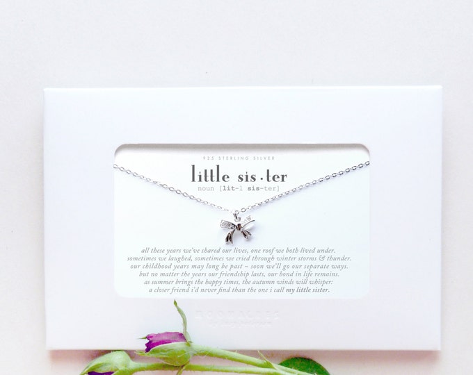 Little Sister | Sterling Silver Tiny Ribbon Bow Knot Tie Necklace Poem Quote Message Card Jewelry Baby Sister Birthday Gift Long Distance